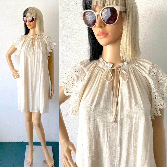 Boho Chic Shift Dress | Eyelet Lace Flutter Sleeve Dress | Cream Ivory Dress XS - Picture 1 of 10
